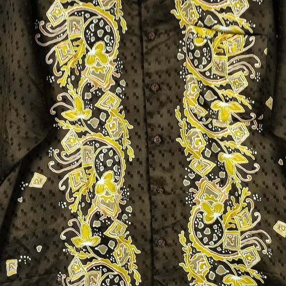 John Master Shirt Mens XL Brown Yellow Batik Long Sleeve Silky Peach Button Up - Picture 8 of 10